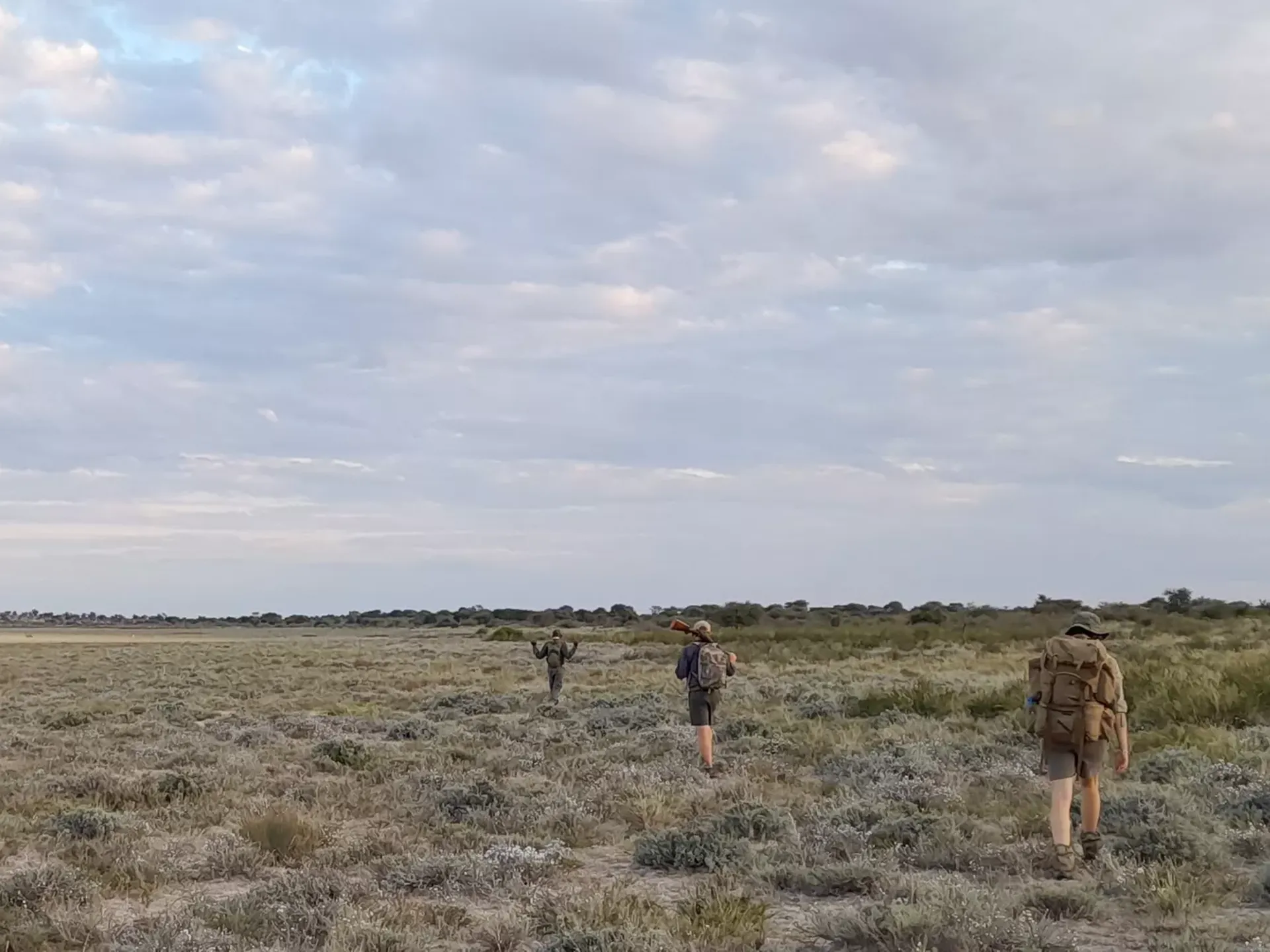 Drei Menschen wandern durch die Kalahari Wüste