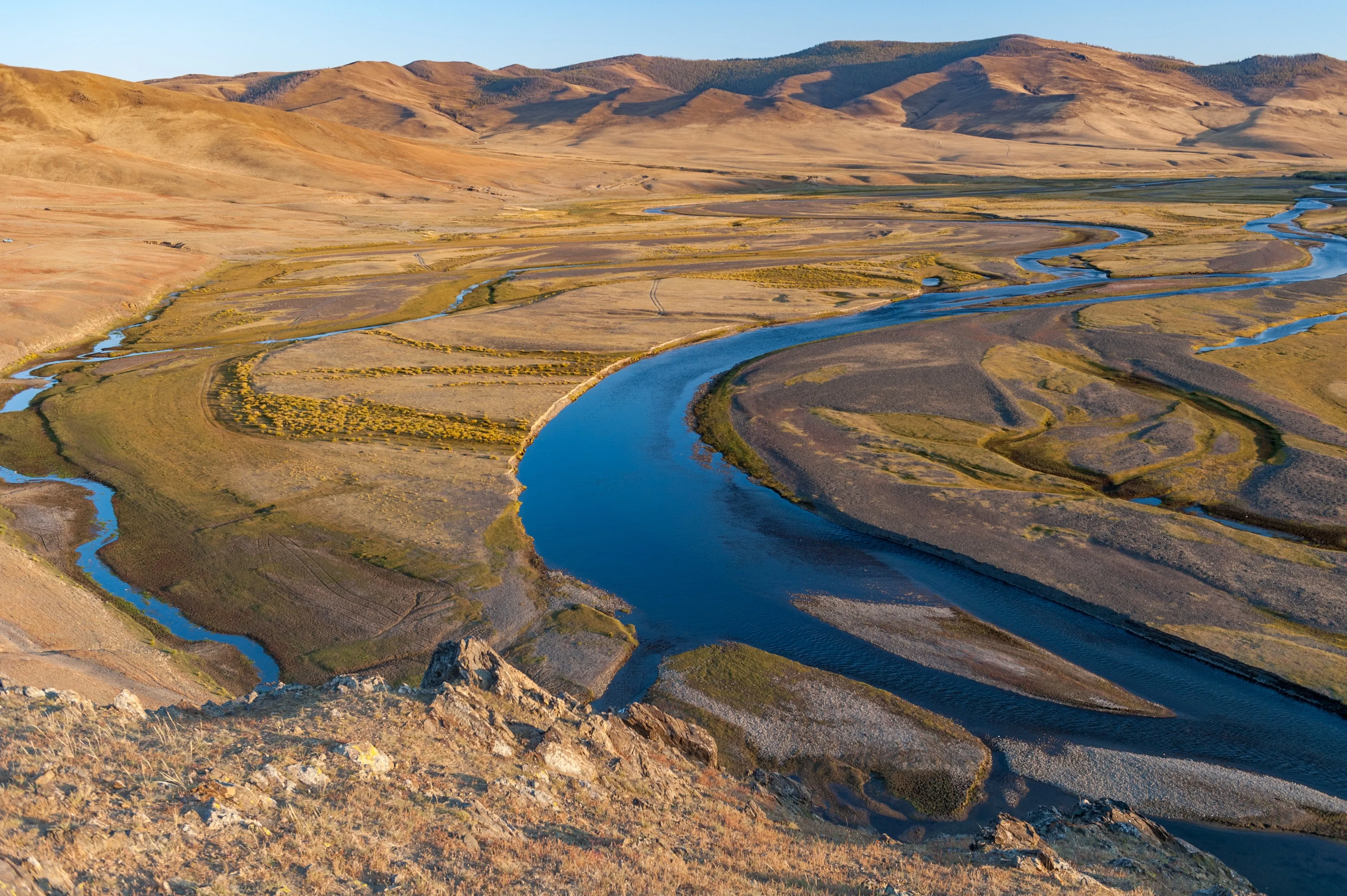 Ausblick über die Steppe in der Mongolei mit verschiedenen Flussläufen
