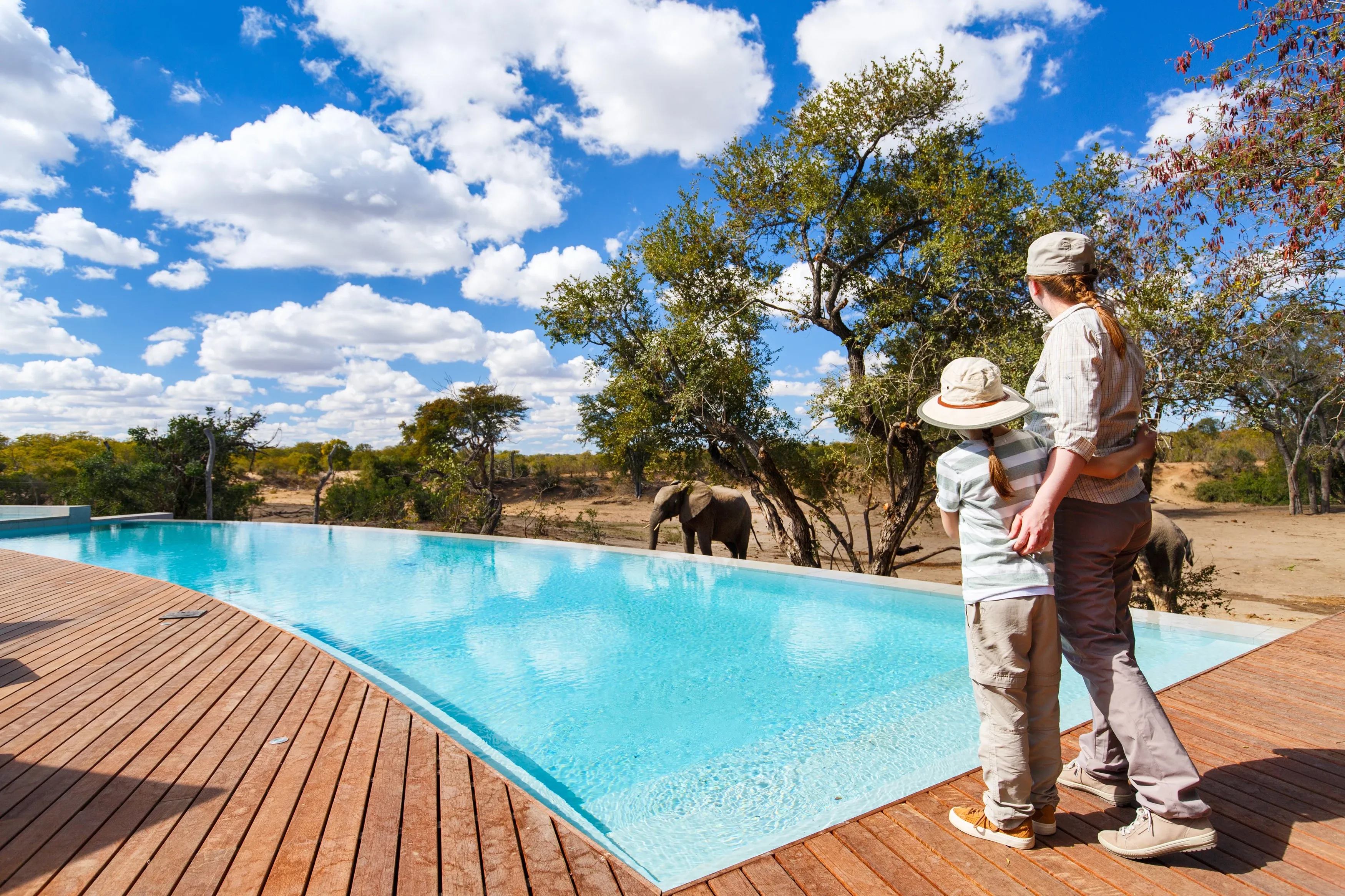 girl looking at elephants by lodge