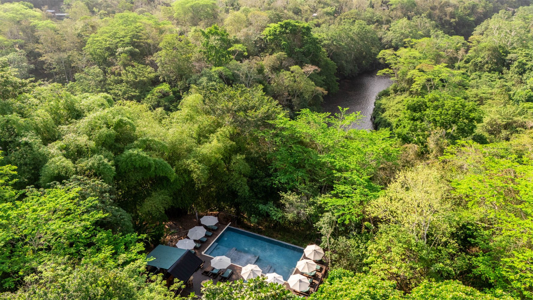 Aerial view of the Sweet Song Jungle lodge pool area