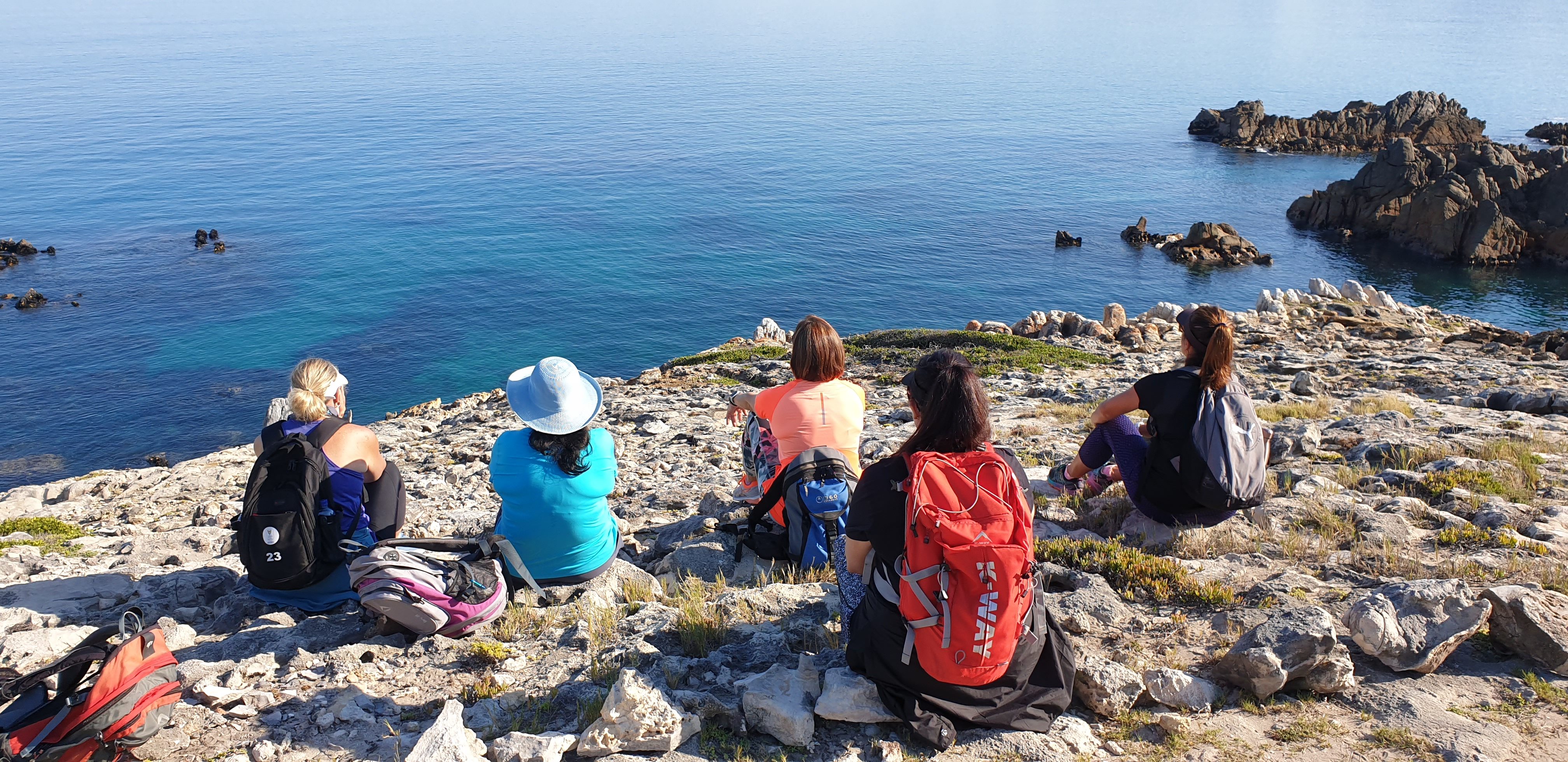 Eine Gruppe sitzt auf Felsen und blickt aufs Meer hinaus.