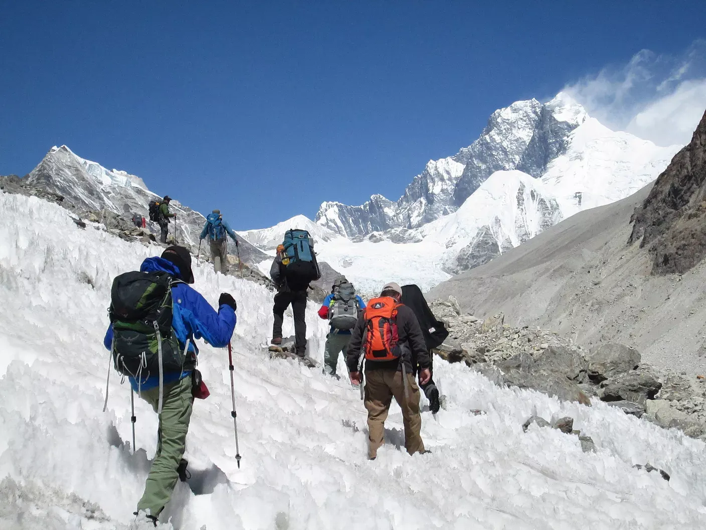 Several people on a hike in the Himalayas