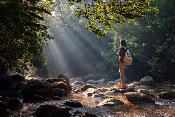 Woman standing on a stone in a river bed in the asian forest