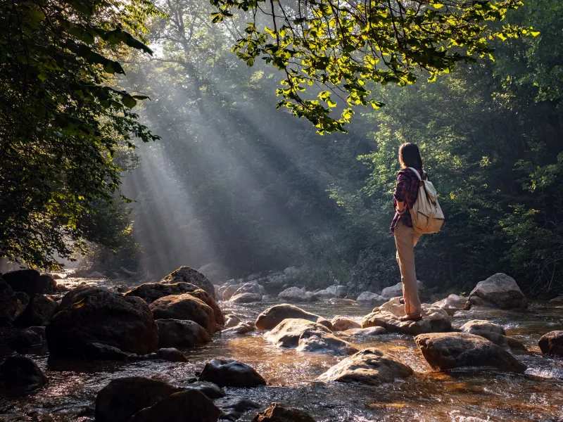 Woman standing on a stone in a river bed in the asian forest