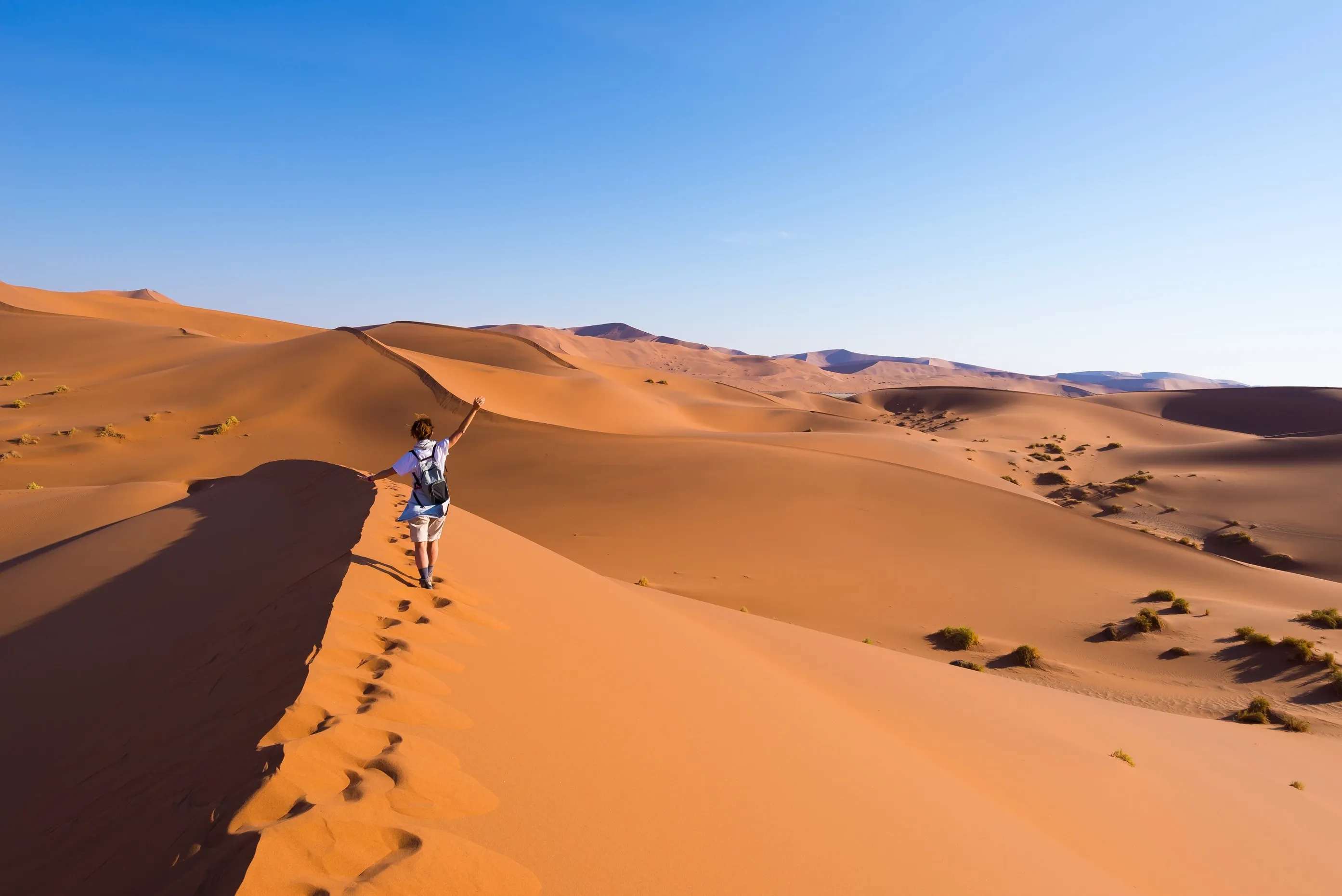Tourist walking namib desert