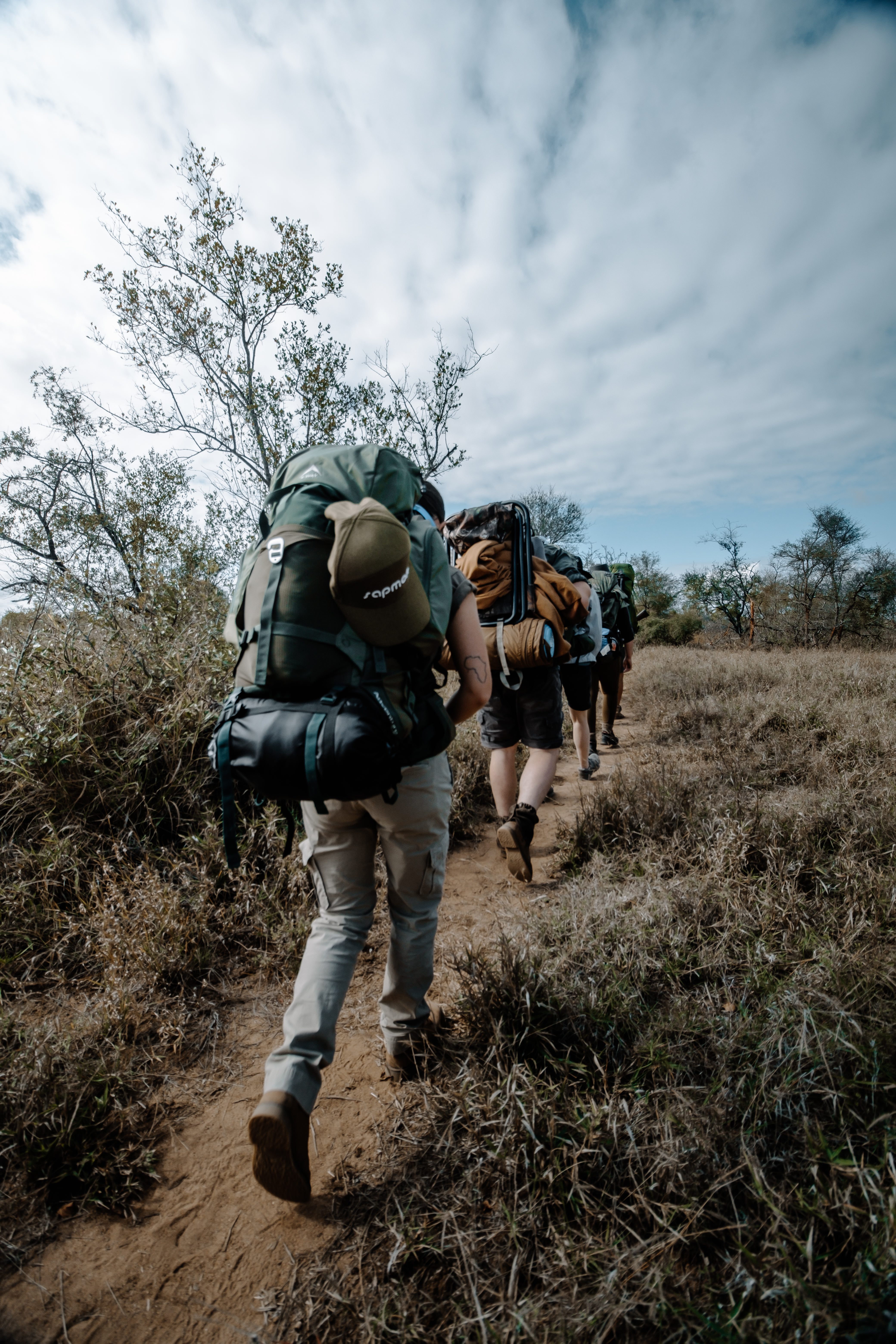 People from behind, hiking with rucksacks
