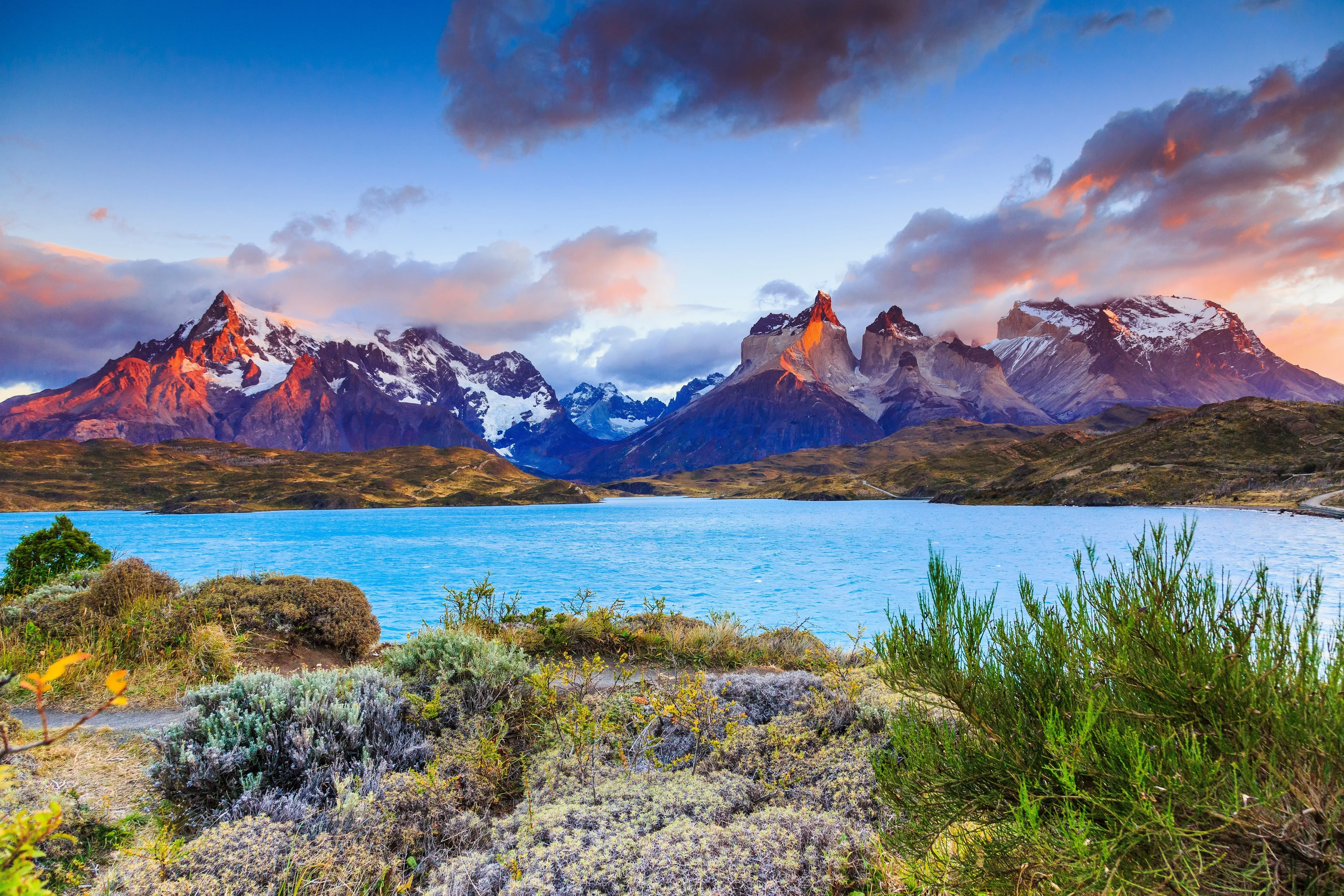 Mountains and lake in Chile during sunset
