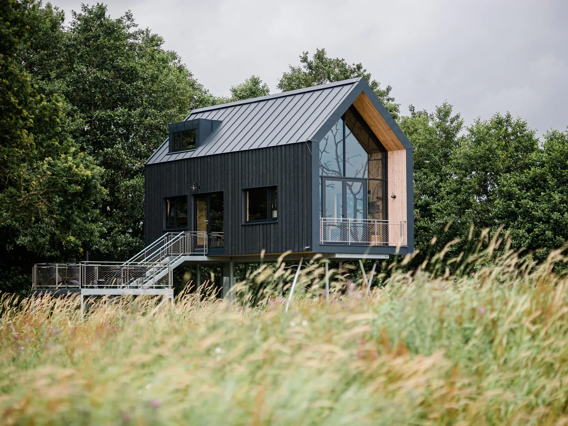 Graues Baumhaus in der Natur, umgeben von Bäumen